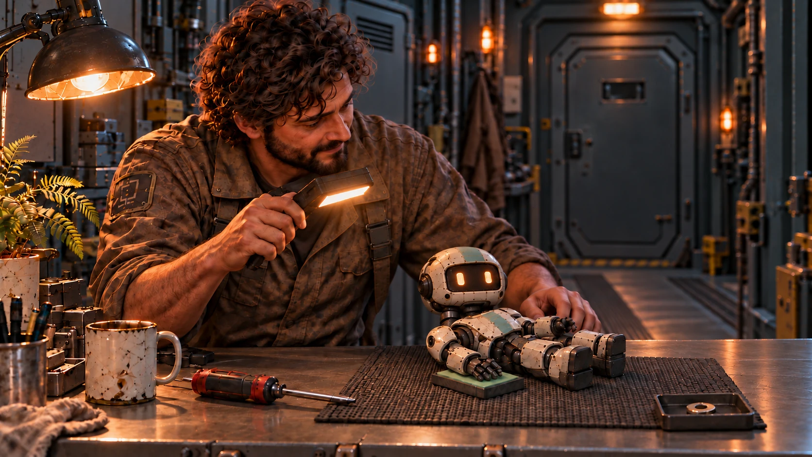 Rip patiently checks Nim’s vision with a light. The damaged robot looks up at him from a mat on the warm workshop bench.